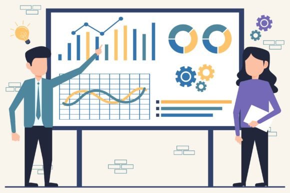 Businessman and Businesswoman Analyzing: A Practical Review of the Vector Design Template