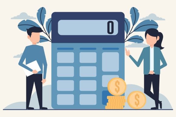 Calculator with Coins Business People Vector Design