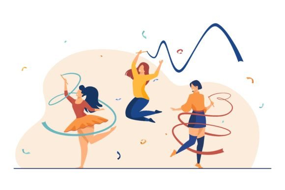 Cheerful Girls Training with Ribbon. Rhy: A Visual Asset for Dynamic Workflows