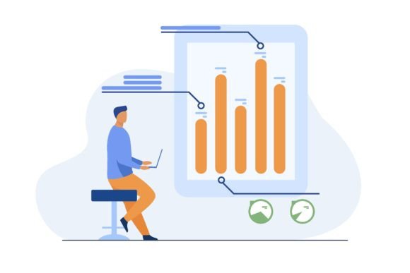 Man with Laptop Analyzing Infographics: Visualizing Data for Better Decisions