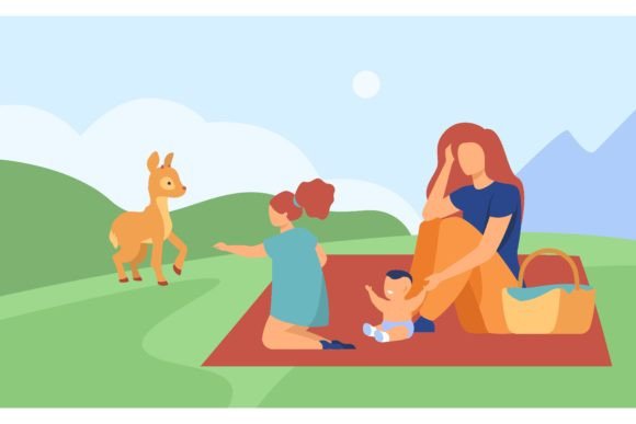 Mother with Two Children Relaxing on Nature: A Visual Anchor for Family Themes