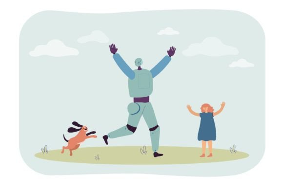 Robot, Dog and Girl Having Fun on Lawn