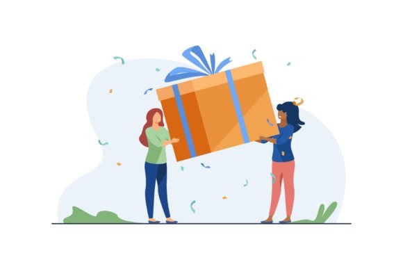 Tiny Women Holding Gift Box Vector Art