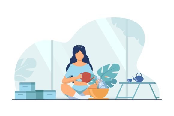 Woman Sitting on Floor and Watering Plant